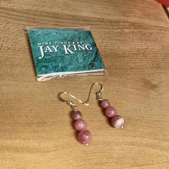 Rhodochrosite 3 bead drop earrings (pierced) by Jay King - Picture 5 of 7